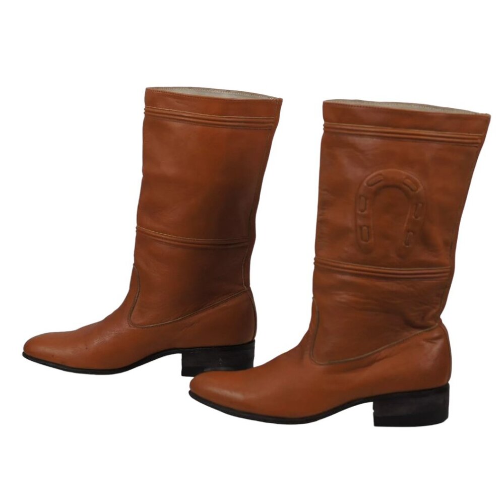 Caramel Brown Cowboy Riding Boots Embossed Big Leather Horse Shoes Women's 4.5